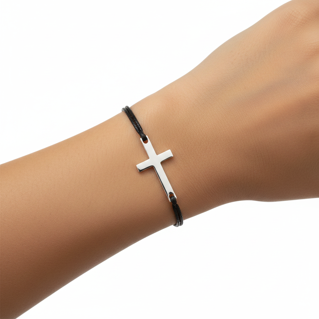 Cross Black Cord Bracelet Silver 925