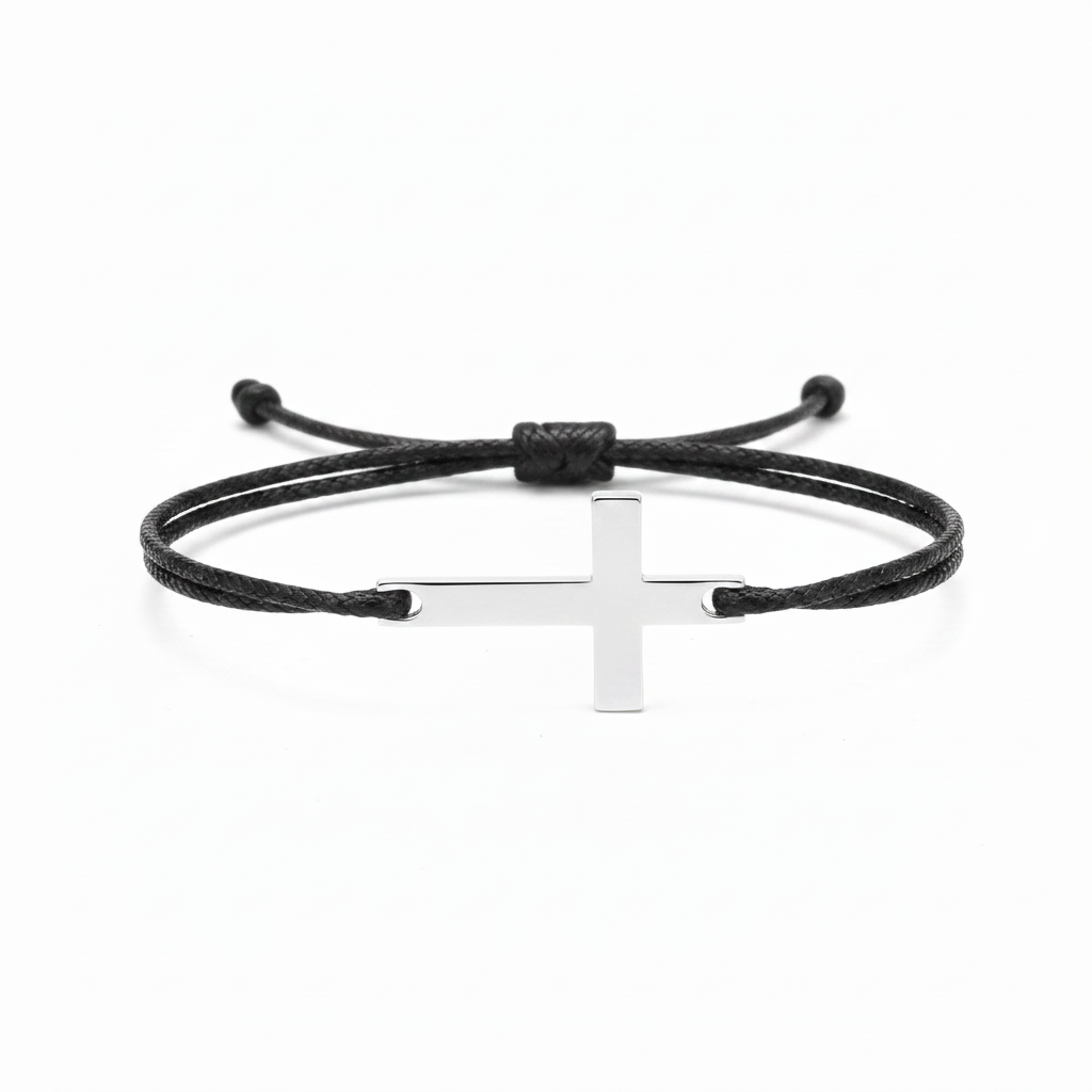 Cross Black Cord Bracelet Silver 925